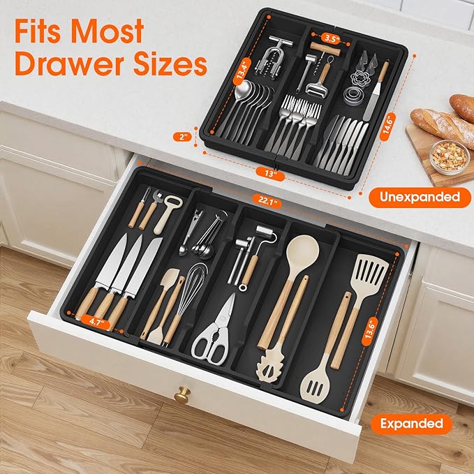 Large Silverware Organizer, Expandable Utensil Drawer Organizer for Kitchen Drawers, Kitchen Drawer Organizer for Spoons/Forks/Knives, Multipurpose & BPA Free Cutlery Tray, Black, 1 Pack