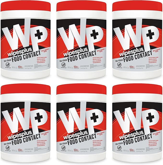 WIPESPLUS No-Rinse Food Contact Wipes Canister Multi-Surface Wipes, Unscented for Home and Business, 600, (6 Packs of 100)
