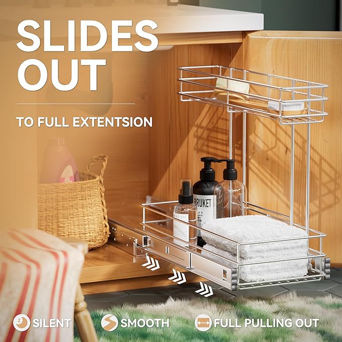 Under Sink Organizer 9"W X18.5"D，Pull Out Cabinet Organizer 2 Tier，Under Sink Slide Out Organizer Chrome Plated, Under Kitchen Bathroom Sink Organizer, Pantry Cabinet Closet Organization Rack, 1 Pack