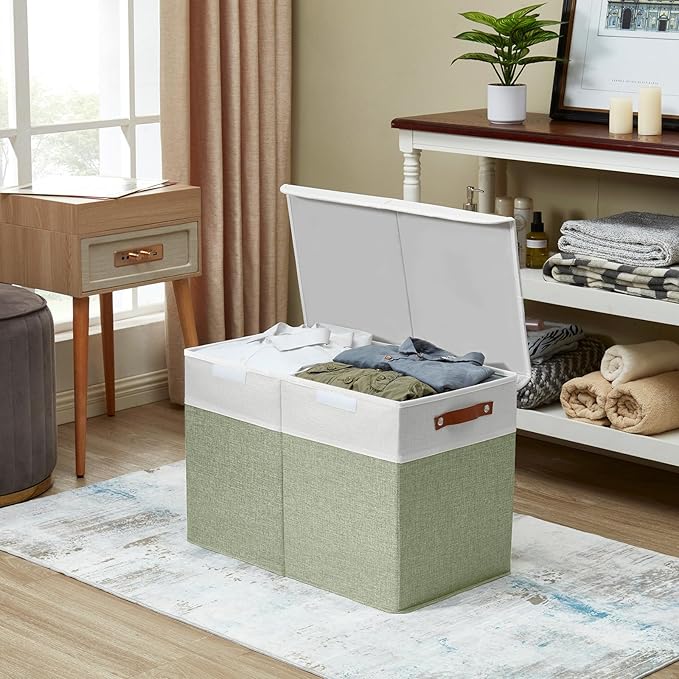 Large Toy Storage Box with Lids, Collapsible Sturdy Baby Storage Organizer Chest Bin Basket for Kids, Boys, Girls, Playroom, Nursery, Bedroom, Closet 25"x13"x16" (Green and White)