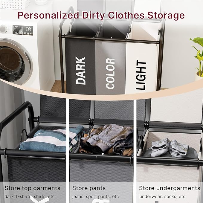 3-Compartment Laundry Cart with Lockable Wheels & Lid 180L Large Wheeled Laundry Basket Heavy-Duty Sorting Organizer for Laundry Room (Multicolor)