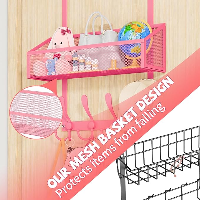 Kaiferty Over The Door Hooks Organizer, Coat Rack Over The Door Storage Hanger Towel Rack, Back of Door Storage Organizer for Bathroom,Bedroom,Kitchen,Office (Pink, 2-Tier)