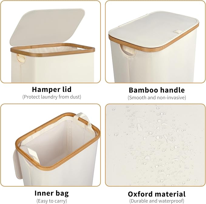 Slim Laundry Hamper,75L Beige Narrow Laundry Basket with Lid,Foldable Clothes Hamper with Bamboo Handles,Hamper Basket with Removable Inner Bag for Laundry Room Bedroom College Dorm