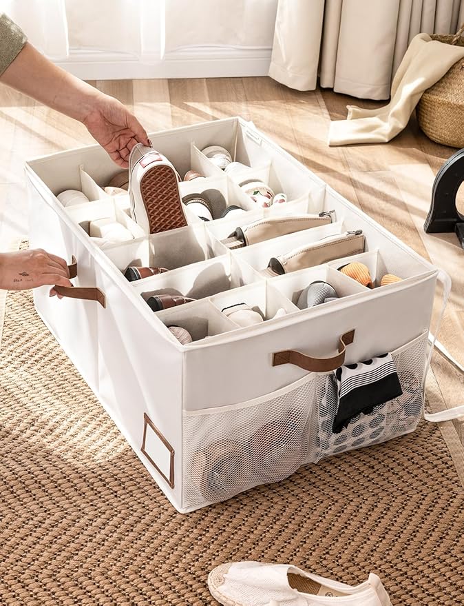 StorageWorks Shoe Organizer for Closet, Fits up to 20 Pairs, Shoe Cubby Storage Containers with Side Mesh Pocket and Clear Cover, Beige