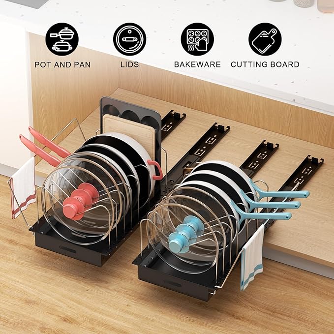 Golener 2 Packs Fixed Pots and Pans Organizer Under Cabinet, No Drill Slide-Out Pan Organizer with Adjustable Dividers & Handle Bracket, Pot Lid Holder, Pan Storage Inside Cabinet for Kitchen