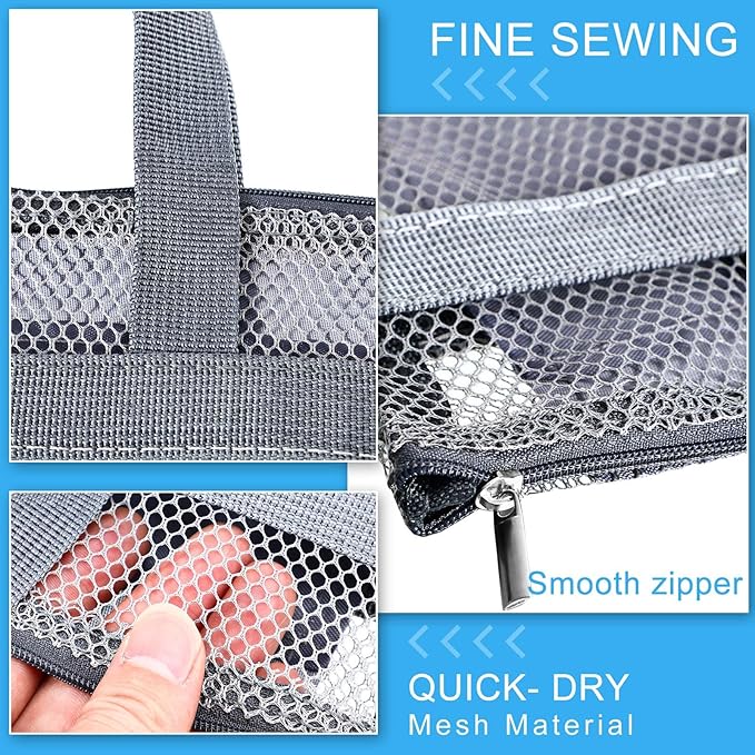 Tudomro 10 Pcs Mesh Shower Bag Caddy Tote Portable Quick Dry Tote Bag Lightweight Hanging Toiletry Bath Organizer for College Dorm Gym Swimming Beach Travel Games Sports (Gray Handle)