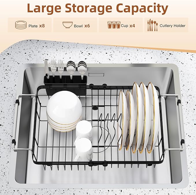 romision Expandable Dish Drying Rack Over The Sink Small Metal Stainless Steel Plate Holder for Compact Kitchen, Space Saving Modern Black Hanging Drainer