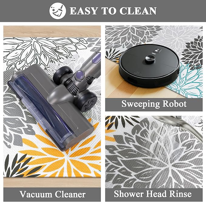 Vaukki Bathroom Rug Set 3 Piece, Non Slip Absorbent Rubber Backed Floral Bath Floor Mat Fit Under Door, Ultra Thin Quick Drying Bath Rug for Shower, Tub and Toilet, 17"x26"+17"x32"+17"x24"U, Grey