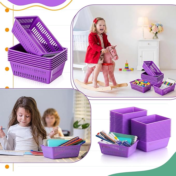 Sherr 36 Pack Classroom Storage Basket Small Plastic Basket for Organizing Crayon Pencil Container Storage Bin Tray Holder for Paper Shelf Back to School Office Supply 6.1"l x 4.3"w x 2.4"h(Purple)