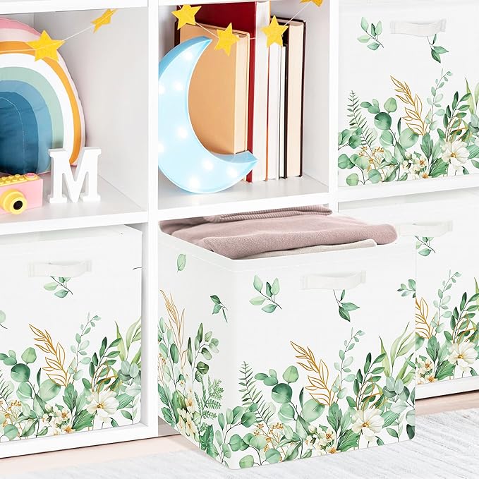 Clastyle 3 pcs Leaf Women Cube Storage Unit Boxes Foldable Kallax Box for Shelves Ladies Girls Storage Baskets for Book Clothes Toy Organizer, Green, 11.8x11.8x11.8 in