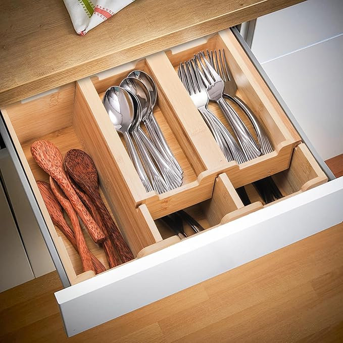 Okllen Bamboo Kitchen Drawer Organizer, Stackable 2-Tier Utensil Drawer Organizer Tray, Silverware Organizer Flatware Storage for Kitchen Cabinet, Pantry, Drawer, 5 Divided Compartments