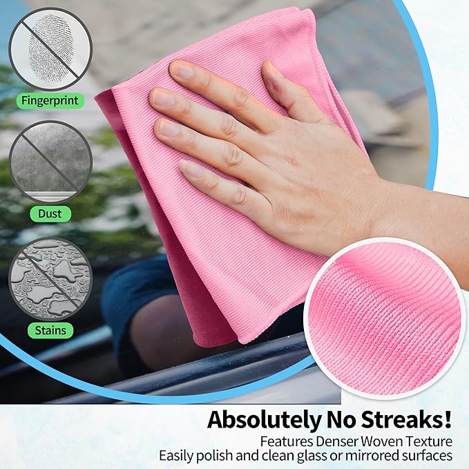 HOMERHYME Microfiber Cleaning Cloth - 10 Pack Glasses Cleaning Cloth, 16" x 14" Window Cleaning Rags, Streak Free Lint Free Polishing Cloths Wipes for Eye Glass, Stainless Steel, Windshield, Pink