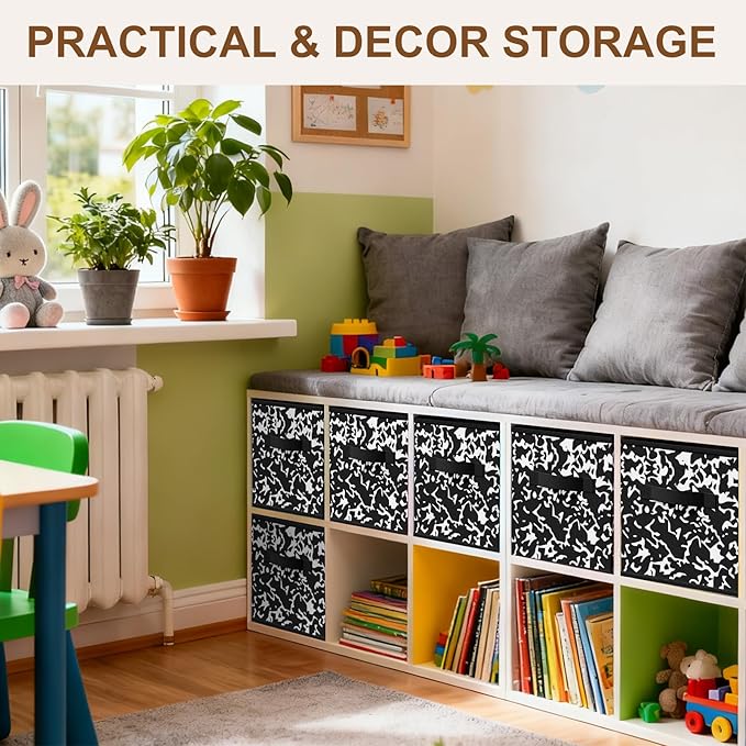 LemonRoad 6 Fabric Storage Cubes 11 Inch Foldable Marble Storage Bins for Organizing Pantry, Toy Box, Clothes Closet Collapsible Baskets for Shelves School Organizing with Handle(Black, Classic Style)