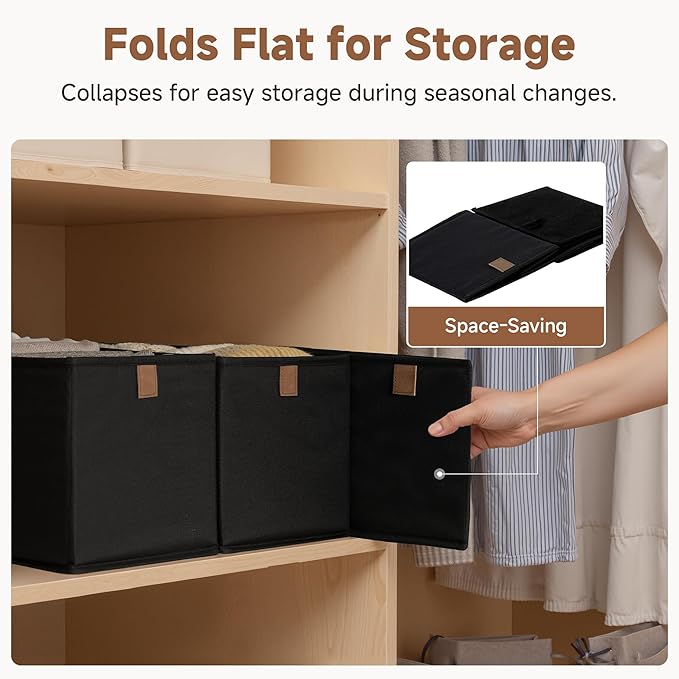 StorageWorks Narrow Baskets for Storage, Fabric Storage Bins, Small Baskets for Organizing with PU Handle, Great for Clothes, Books, and Laundry Items, Black, 2-Pack