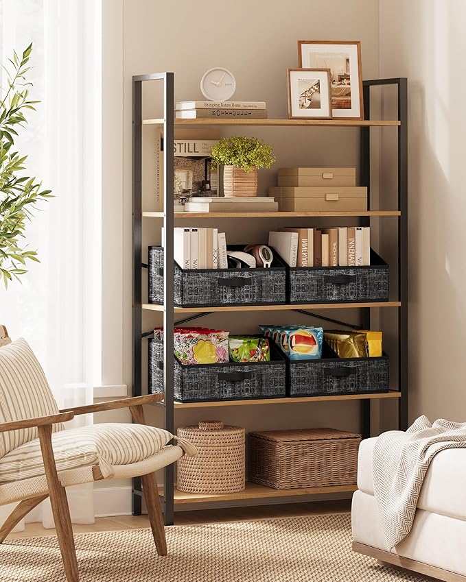 SONGMICS Set of 6 Storage Baskets, Foldable Storage Bins with Removable Dividers, Fabric Boxes, 15.7 x 11.8 x 7.9 Inches, Closet Organizers, 3 Handles, for Living Room, Ink Black URFB0140B01
