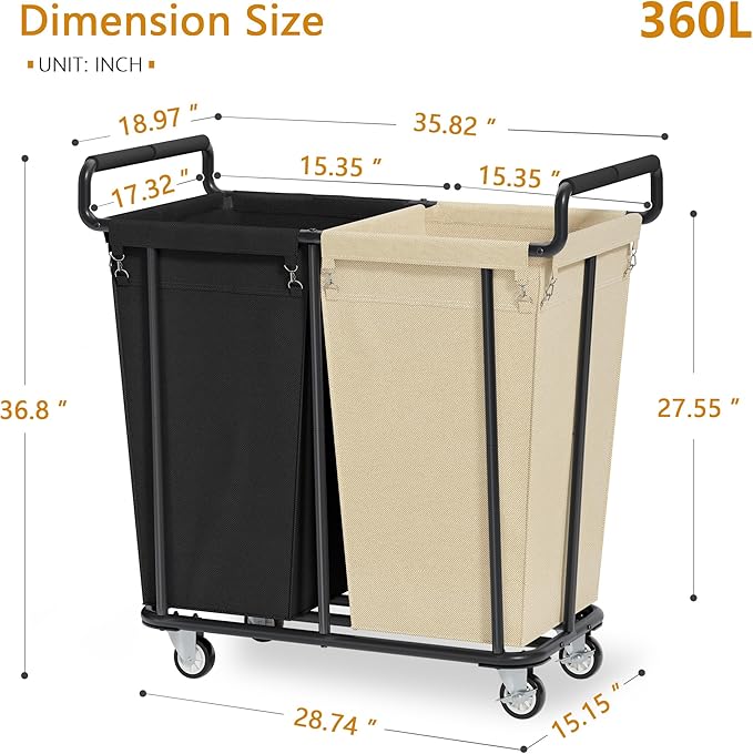 Large laundry hamper with Wheels, 2 Bag 360L Big Rolling Laundry Basket Sorter Cart, Extra Large Laundry Clothes Hamper, Heavy Duty Laundry Basket Organizer for Laundry Room,Bathroom