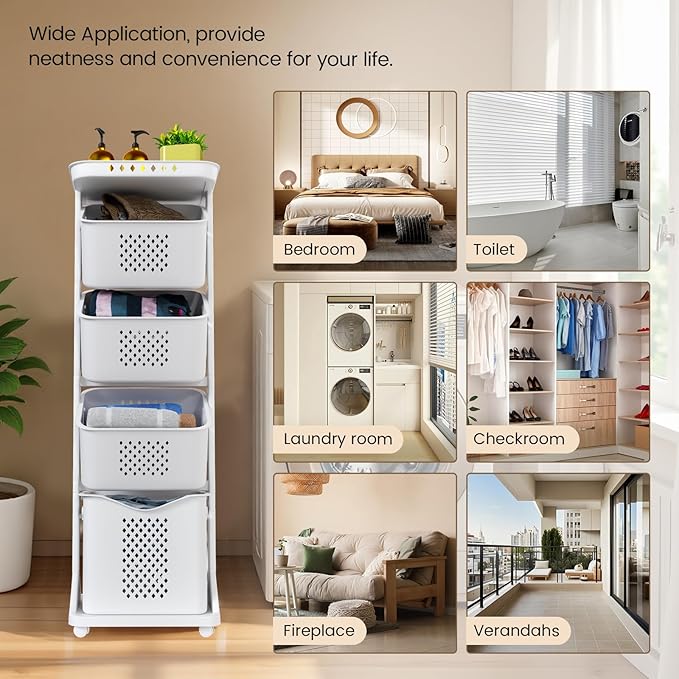 4-Tier Laundry Hamper Sorter, Vertical Rolling Laundry Baskets with Wheels Removable, Stackable Laundry Cart Organizer and Storage for Small Space, Dorm, Closet, Bathroom