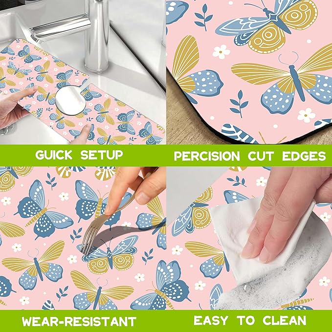 Butterflies and Chamomile Kitchen Sink Splash Guard Faucet Mat Super Absorbent Fast Drying Mat Guard Behind Faucet Drip Catcher for Kitchen Bathroom, 15.5"X5.5"