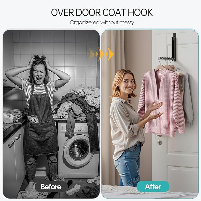 Over the Door Drying Rack Clothing Hook, 【2 Pack】Foldable Coat Hanger for Landry Room, Bathroom, 6 Groves Druable Clothes Door Hanging for Towel, Coat, Sweater, Hat, Compact for Storage, Travel- Black