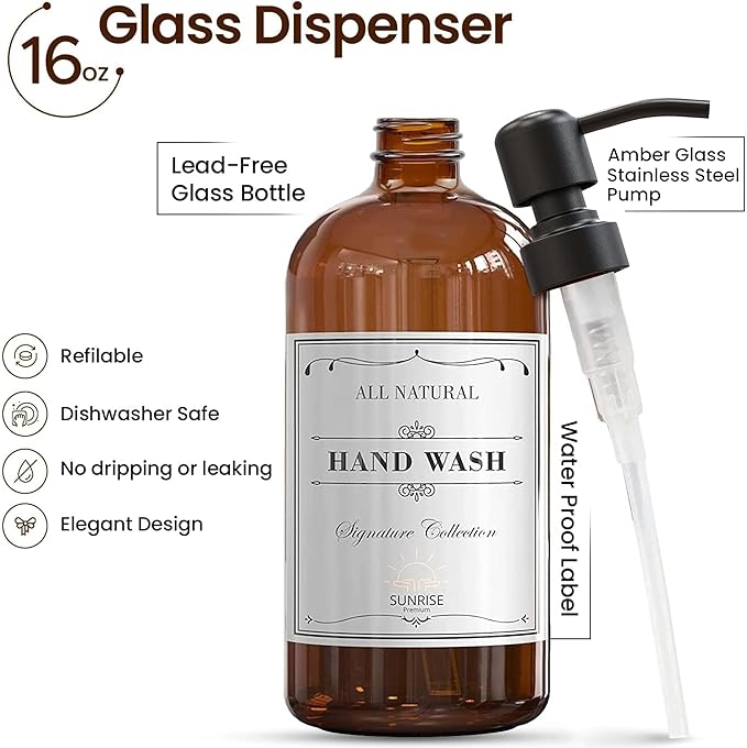 4 Pack Amber Glass Soap Dispenser 16 OZ with Matte Black Stainless Steel Pump, Hand and Dish Soap Dispenser Set for Bathroom and Kitchen Sink with 12 Waterproof Labels