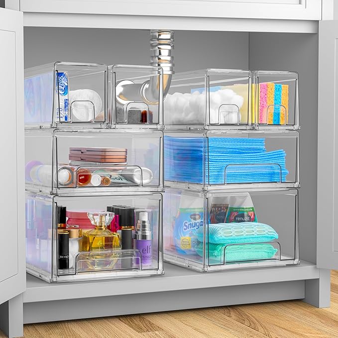 Sorbus Small Clear Stackable Storage Drawers – 4-Pack Plastic Organizer Bins with Handles – Stackable Pull-Out Storage Drawers for Closet, Pantry, Office, Bathroom, Craft, and Toy Organization