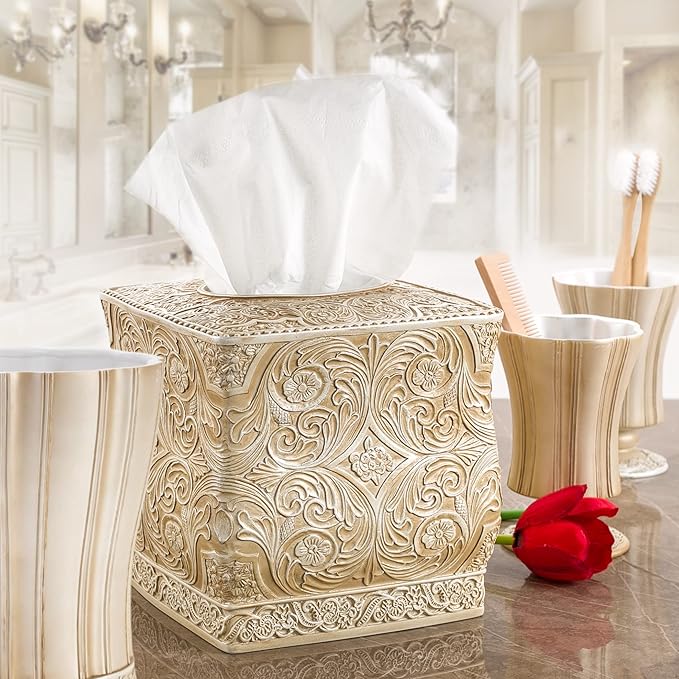 Creative Scents Victoria Bathroom Trash Can 1.32 Gal / 5L - Decorative Bathroom Wastebasket - Durable Beige Waste Bin - Waste Basket for Bathroom, Bedroom, Powder Room or Living Room Decor