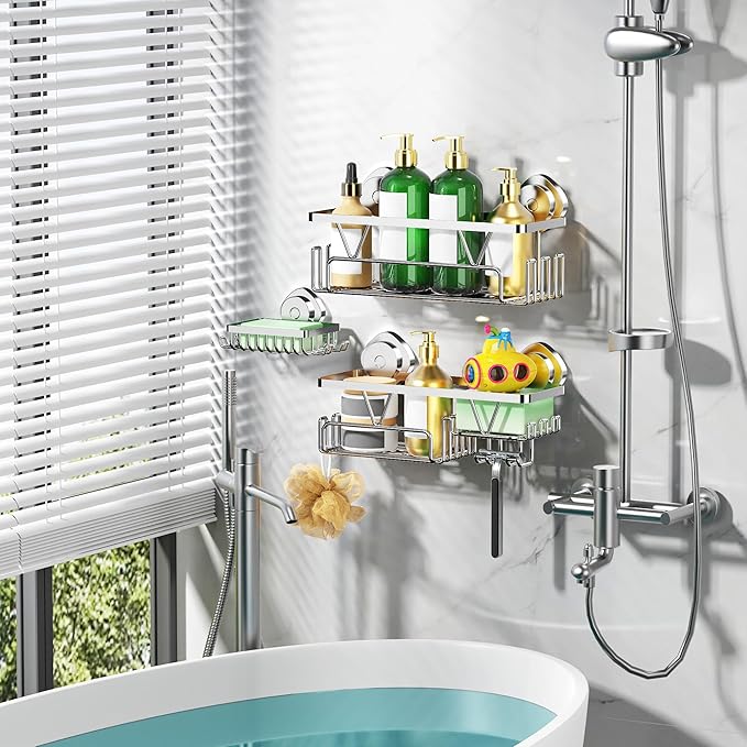 ZUNTO Silver Suction Cup Shower Caddy - 3pcs Reusable Shower Shelf Organizers with Soap Holder and Hooks - No Drilling Bathroom Shelves for Shampoo