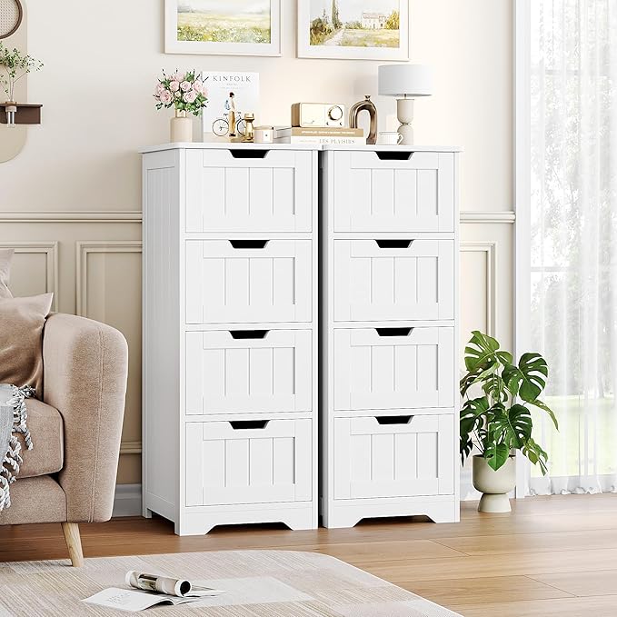 FOTOSOK Bathroom Storage Cabinet, Set of 2, Bathroom Cabinet with 4 Drawers, 11.8” x 11.8” x 32.5” Freestanding Entryway Cupboard Storage Organizer Unit Home Furniture Decor, White