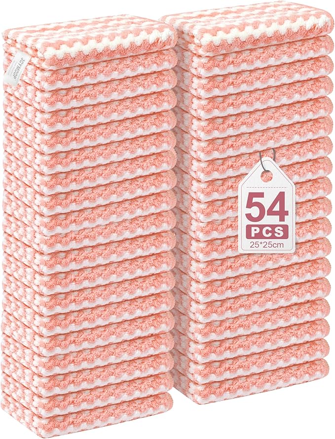 JOYMOOP 54 Packs Microfiber Cleaning Cloths, 10" x 10" Kitchen Towels – Reusable Cleaning Rags, Lint-Free, Super Absorbent Cleaning Cloths for Kitchen, Car, and Household Cleaning, Pink