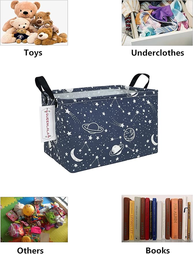 QUEENLALA Rectangular Laundry Hamper/Foldable Nursery Laundry Basket for Organizing/Storage Bin Baskets/Children Toy Office Bedroom/Toy Bin Closet Shelf Baskets（Rec-blue-starry sky）