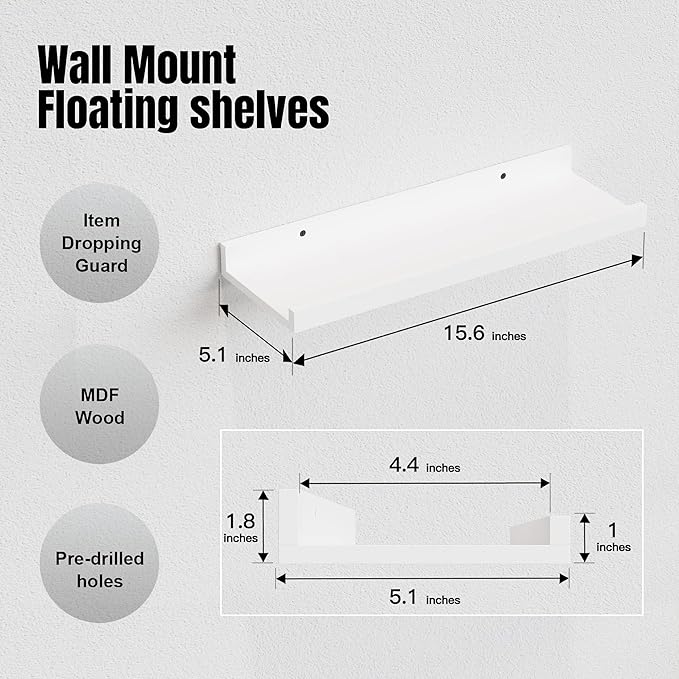 RICHER HOUSE 5 Set White Floating Shelves, Wall Mounted Shelves for Wall Decor, Modern Picture Ledge Shelf with Lip for Storage Nursery, Bedroom, Living Room, Bathroom - White