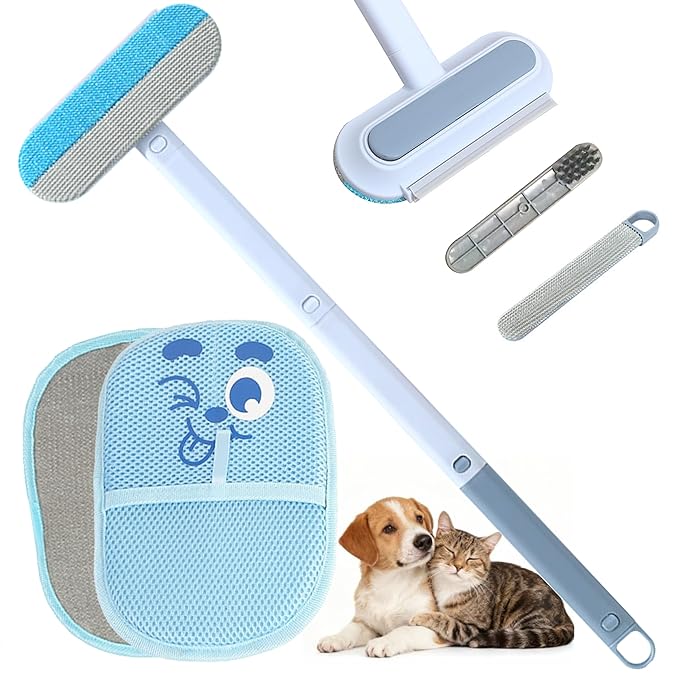 Pet Hair Remover Set – Removes Pet Fur from Carpets, Furniture & Car Seats For Cat & Dog, includes a 4-in-1 Hair Removal Brush (Extended Handle) & a Cartoon Magic Electrostatic Hair Removal Glove.