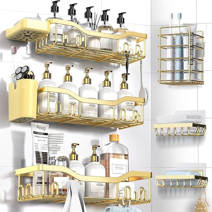 Shower Caddy Adhesive Shower Organizer 8-Pack, Rustproof Stainless Steel Bathroom Shelves, Large Capacity No-Drill Rack Storage Accessories with Soap Dish Toothbrush Holder Hooks