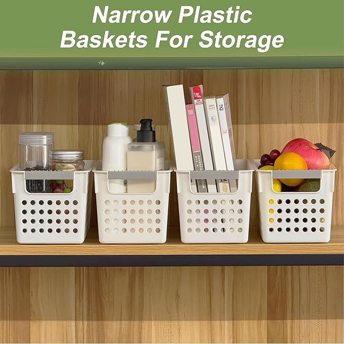 Soddeph 4 Pack Slim Plastic Storage Basket with Handles, Rectangular Storage Bins for Shelves,Narrow Organizer box for Organizing, Kitchen,Home,Office (White, Small)