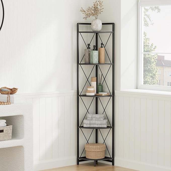 5 Tier Corner Shelf Stand, 64" H Tall Industrial Corner Bookshelf for Living Room Decor, Metal Corner Shelf, Plant Stand Display Shelf for Bedroom, Bathroom, Small Space, Black