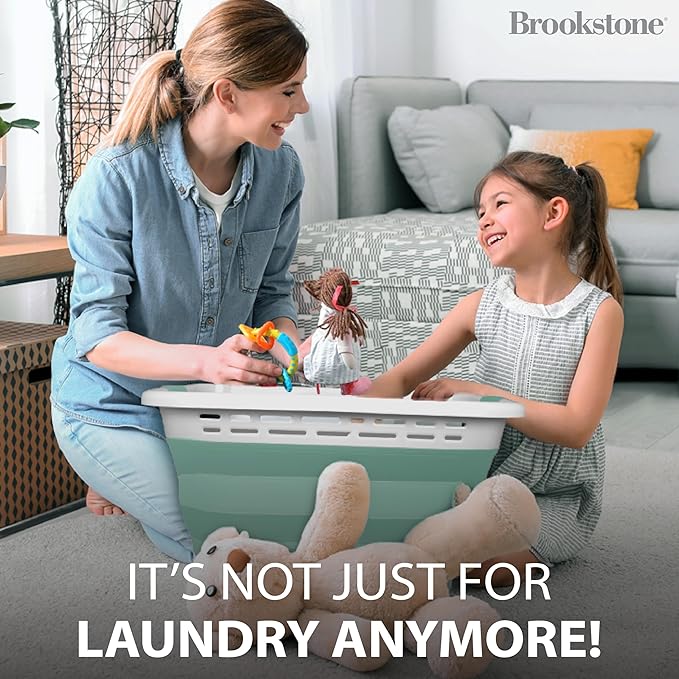 BROOKSTONE 11 GALLON XL 24" Collapsible Laundry Basket & Clothes Hamper, Comfort Non-Slip Handles, Modern Laundry Hamper with Space Saving Design, Portable Pop-Up Hamper, BPA FREE, Mint, 1 Pack