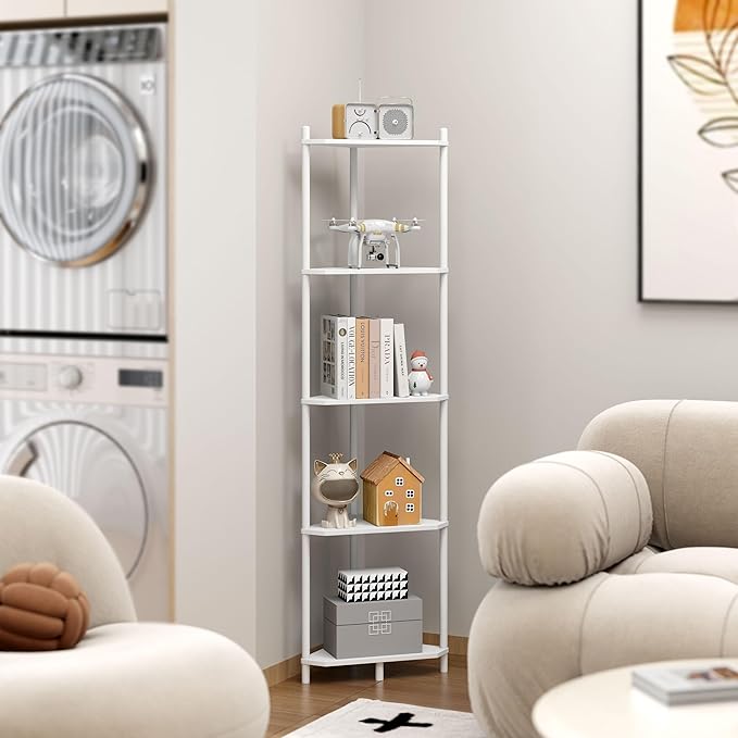 Corner Shelf Stand - 5 Tier Bamboo Small Corner Bookshelf for Office Kitchen Bedroom Plant Stand Living Room Decor Small Space (White, 5 Tier)