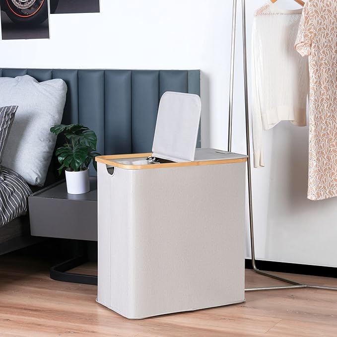 efluky Laundry Hamper with Lid, Double Laundry Hamper with 2 Removable Bags, 2 Section Laundry Basket with Bamboo Handles for Bathroom, Bedroom & Laundry Room, 140L (36.9 Gallon) Light Grey