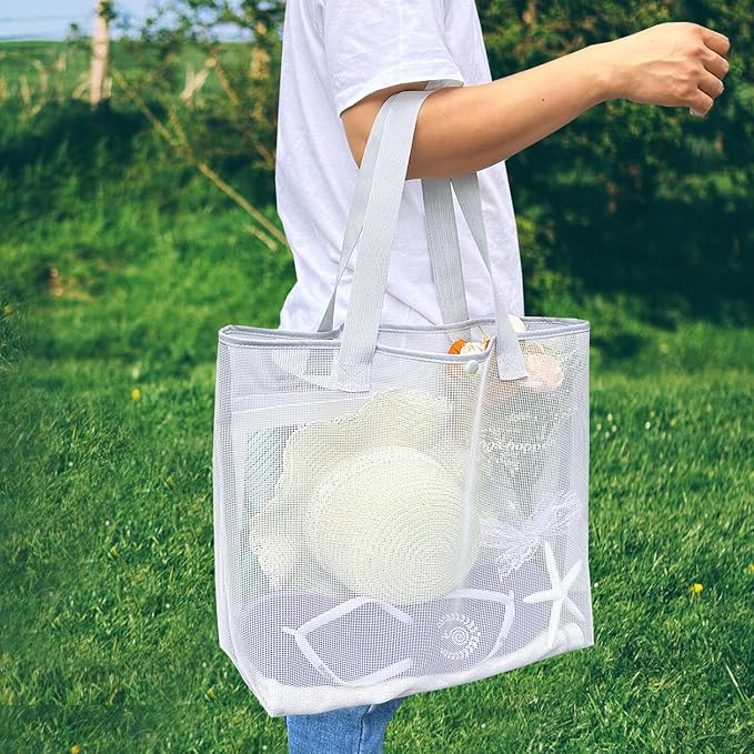 2Pack Large lightweight Simple Mesh Beach Tote Bag With snap Button Reusable Pool Bag for Outdoor Travel Shopping Gym