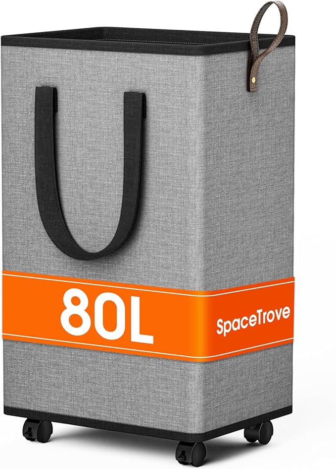 Laundry Basket with Wheels, Collapsible Laundry Baskets, Laundry Hamper with Handles Detachable Wheels, Rolling Laundry Basket, Dirty Clothes Hamper for Bathroom, Dorm, Bedroom, Grey, 80L