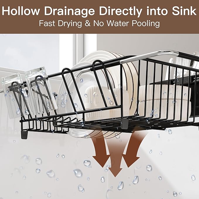 Over the Sink Expandable Dish Drainer Drying Rack In Stainless Steel for Small Kitchen, Counter Space Saving Modern Compact Metal Above Plate Dryer Strainer, Adjustable Hanging Inside Drain Holder