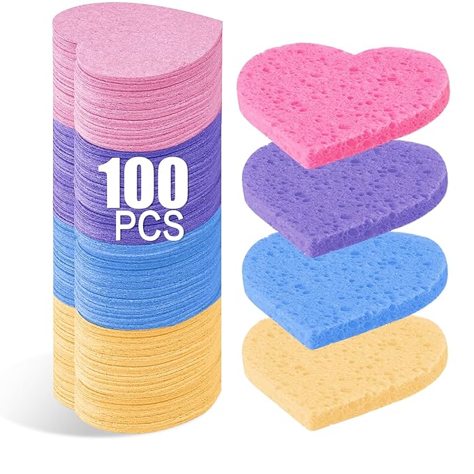 100-Count Compressed Facial Sponges for Estheticians Heart Shape Natural Cellulose Sponge Professional Cosmetic Spa Sponges for Face Cleansing, Massage, Pore Exfoliating, Mask, Makeup Removal, Mixed