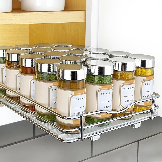 LYNK PROFESSIONAL® Pull Out Spice Rack Organizer for Inside Kitchen Cabinets - 8-3/8 inch Wide - Slide Out Drawer – Chrome Sliding Spice Organization for cabinet - Spice Racks - 1 Tier