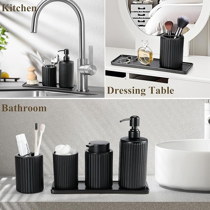 Shinowa Black Bathroom Accessories Set, 5 Pcs Bathroom Toothbrush Holder Sets with Soap Dispenser, Foaming Dispenser, Q-Tip Holder, Ceramic Tray, Bathroom Countertop Accessories Complete, Matte Black