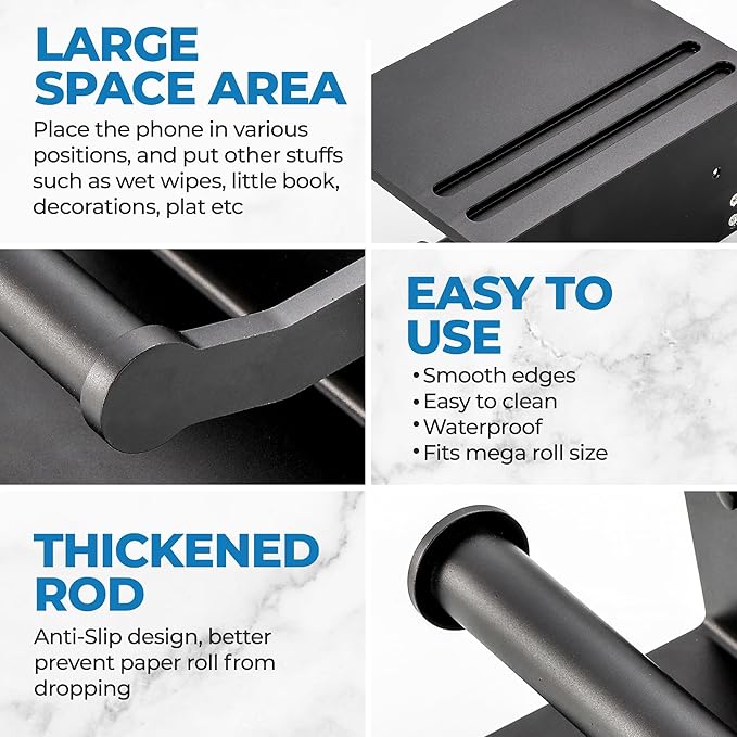Toilet Paper Holder with Shelf + 2 PCS Towel Hooks - Self Adhesive Toilet Paper Storage - Tissue Roll Holder with Phone Shelf - Wall Mount Toilet Roll Bathroom Organizer - Black
