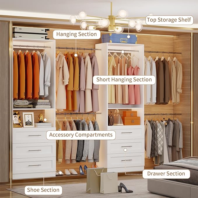 Closet System with 6 Drawers, 4FT-15FT Closet Organizer System with 10 Adjustable Hanging Rods & 2 Shelves, Modular Closet Systems Kit for Walk-In Closets, 2 Sets, White
