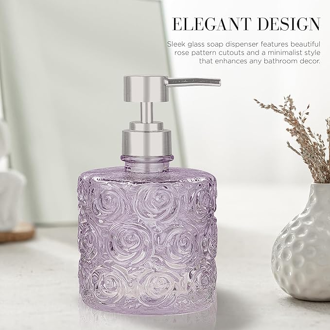 Marcella Glass Soap Dispenser with Soap Pump, Refillable 14 Ounce Capacity, Floral Design Rose Patterns, Heavy Weight Thick Glass for Bathroom, Premium Kitchen Soap Dispenser (Lavender Frost)