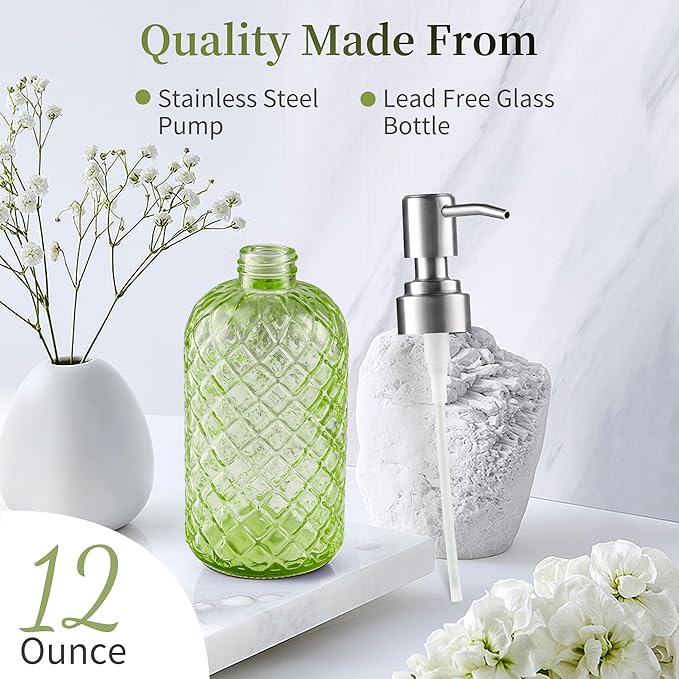 14 Oz Refillable Glass Soap Dispenser with Rust Proof Stainless Steel Pump, for Dispense Hand soap, Body wash, Lotion 2pack (Green)