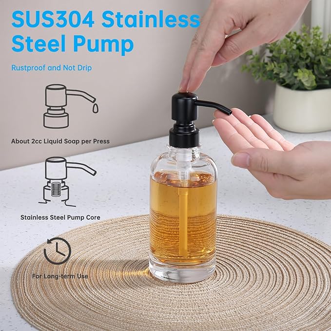 Soap Dispenser Oil Rubbed Bronze Bathroom Kitchen, 11 oz Glass Cylindrical Bottles with Stainless Steel Pump Liquid Hand Soap Dispenser Kitchen