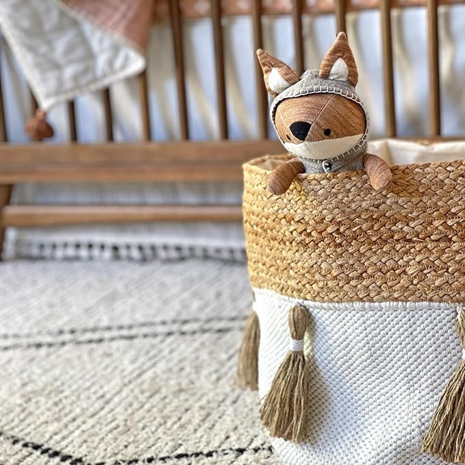 Crane Baby Boho Safari Nursery Decor Baby Storage Bin, Cotton & Jute Collapsible Fabric Basket Organizer, 13X12 Jute 13 X 12 Inches Beige